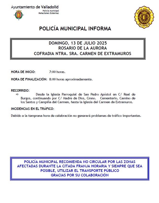 Policía Municipal Valladolid (@policiamv) on Twitter photo Mañana por la mañana esta prevista la celebración del Rosario de la Aurora desde la Iglesia de San Pedro Apóstol. Se cortará el tráfico aunque al ser muy temprano el domingo no prevemos ningún problema.
Aquí te dejamos el itinerario y el horario 👇🏼 Mañana por la mañana esta prevista la celebración del Rosario de la Aurora desde la Iglesia de San Pedro Apóstol. Se cortará el tráfico aunque al ser muy temprano el domingo no prevemos ningún problema.
Aquí te dejamos el itinerario y el horario 👇🏼