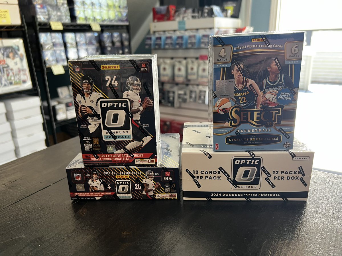 BigNatesTC's tweet image. We will be open 10-6 today!!!
We have 2024 Optic football blasters, cellos and retail boxes in stock!!!
We also have WNBA Select blaster boxes available!!!
