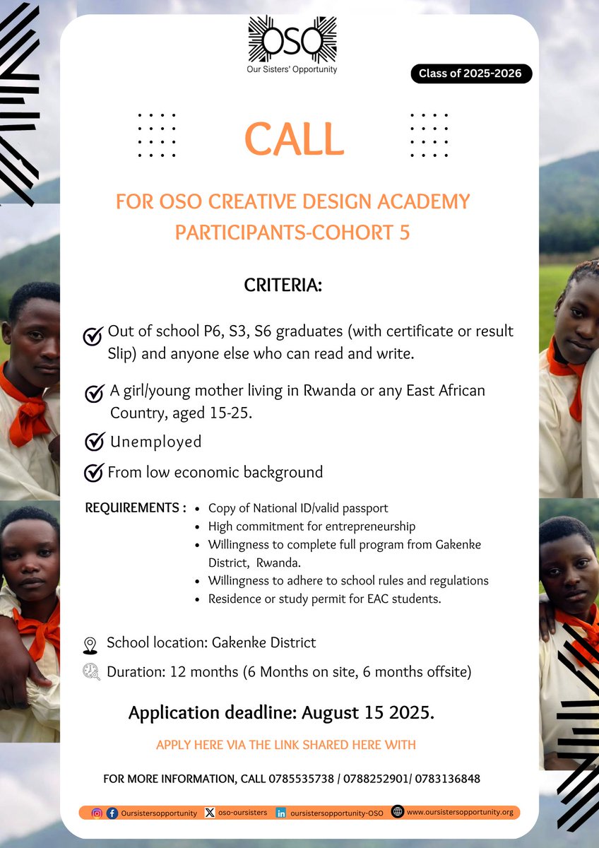 𝐀𝐩𝐩𝐥𝐢𝐜𝐚𝐭𝐢𝐨𝐧 𝐢𝐬 𝐧𝐨𝐰 𝐨𝐩𝐞𝐧🎓 

OSO is calling for young women and girls to join OSO Creative Design Academy, cohort 5.

Are you interested? Do you know anyone who can benefit from the program? Please share this opportunity.

Apply via: lnkd.in/di8GnXYV