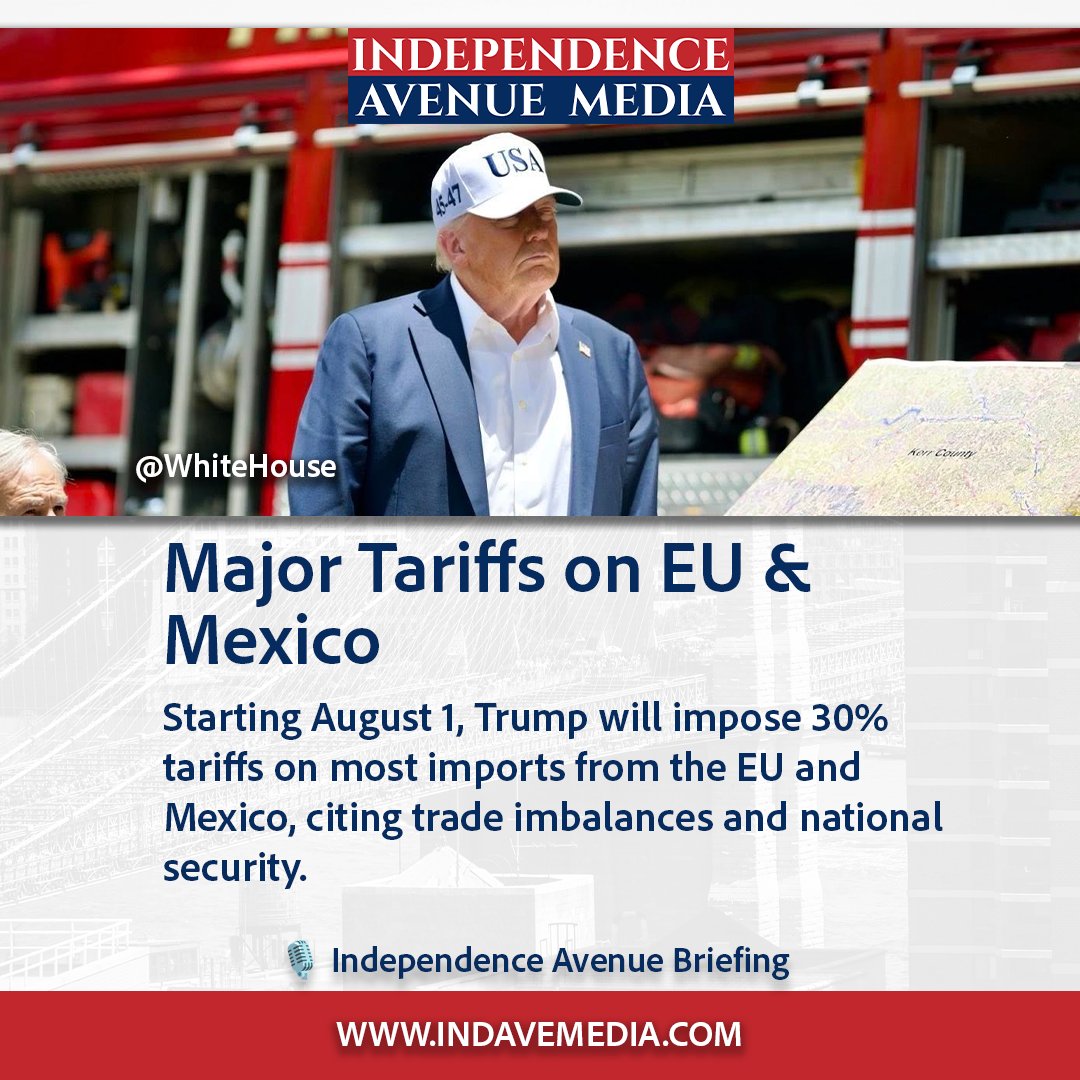 indavemedia's tweet image. Starting August 1, the U.S. will impose 30% #tariffs on most imports from the EU and Mexico. President #Trump cited trade imbalances and national security as the reasons.
🇪🇺🇲🇽 The #EU and #Mexico have warned of retaliation.