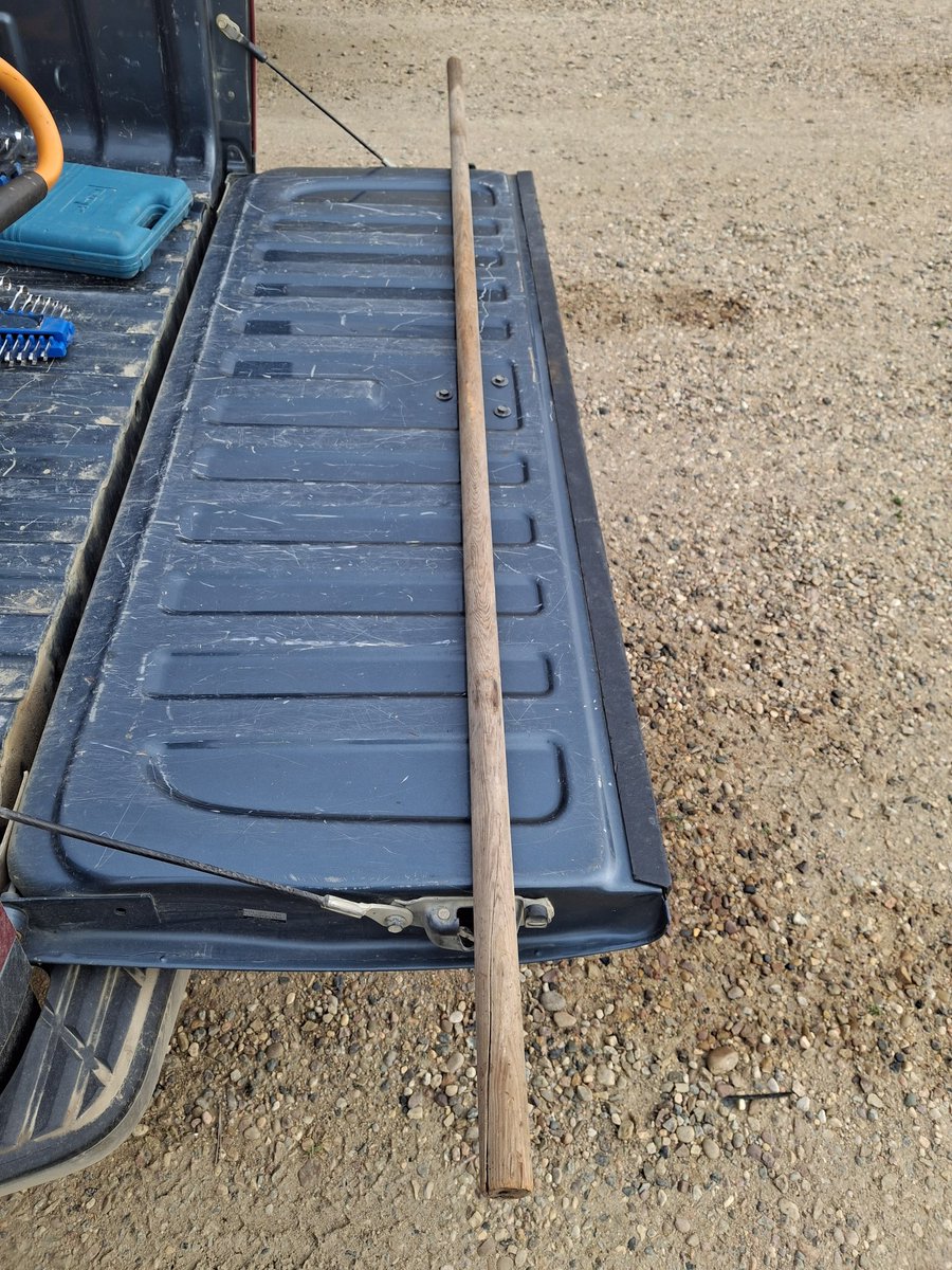 I needed an extra long broom handle. Found this in the shop, asked grandma if I could steal it, not knowing what it was from. 
She said yes, and said it's a tent pole.
Tent pole, from what?
My great grandpa would drive cattle from here to meadow lake (460 km), slept in tents!