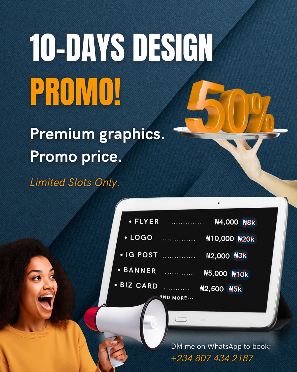 _atare444's tweet image. 🎨 10-Day Design Promo Is Live!

This is your chance to get premium designs for a mad discounted rate 😮
Flyers, logos, banners, IG posts, and more — all 🔥

🗓️Limited Offer.
📲 DM me now to book a slot.

#GraphicsPromo #CleanDesigns #DesignDeal #10DayPromo
#official_atare444