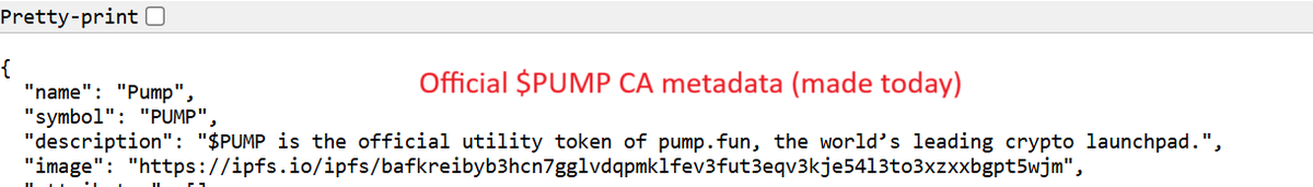 even more proof?

the metadata for the official $PUMP token is the same as test $PUMP tokens created by the 5ph wallet - further proof linking the official $PUMP page, to the test $PUMP CAs, to #asdfasdfa.

Official $PUMP metadata: solscan.io/token/pumpCmXq…

5ph test $PUMP