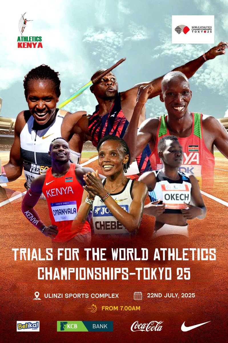 🇰🇪 Get Ready for the Trials!

2025 World Athletics Championships – Team Kenya Selection
📍 Venue: Ulinzi Sports Complex, Nairobi
📅 Date: Tuesday, 22nd July 2025
⏰ Athletes Bib Collection: Monday, 21st July | 9:00 AM – 5:00 PM

#AKNationalTrials2025
#tokyo2025