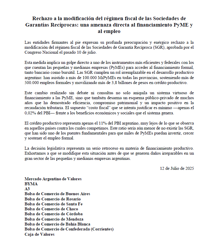 𝐂𝐨𝐦𝐮𝐧𝐢𝐜𝐚𝐝𝐨 𝐝𝐞𝐥 𝐬𝐢𝐬𝐭𝐞𝐦𝐚 𝐛𝐮𝐫𝐬𝐚́𝐭𝐢𝐥 𝐬𝐨𝐛𝐫𝐞 𝐥𝐚 𝐦𝐨𝐝𝐢𝐟𝐢𝐜𝐚𝐜𝐢𝐨́𝐧 𝐝𝐞𝐥 𝐫𝐞́𝐠𝐢𝐦𝐞𝐧 𝐟𝐢𝐬𝐜𝐚𝐥 𝐝𝐞 𝐥𝐚𝐬 𝐒𝐆𝐑 

Las entidades firmantes Mercado Argentino de Valores, BYMA, A3, Bolsa de Comercio de Buenos Aires, Bolsa de Comercio de