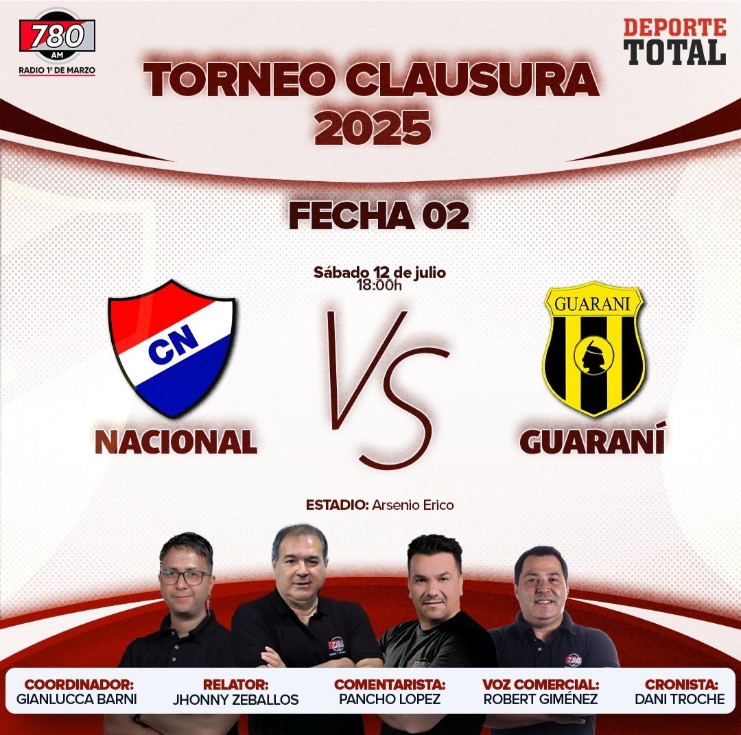 Deporte Total 📻⚽️🇵🇾 (@deportetotal780) on Twitter photo 🏆#Clausura2025
⚽️ Nacional vs Guarani
Relatos: <a href="/JohnnyZeballos/">Johnny Zeballos</a>
Comentarios: <a href="/FranLopezBorja/">Francisco Lopez</a>
Móvil: <a href="/Danytroche/">Daniel Troche</a>
Coordinación: <a href="/GianluccaBarni/">Gianlucca Barni</a>
Voz comercial: Robert Giménez
🎧 Sintoniza: <a href="/780AM/">Radio 780 AM</a> 🏆#Clausura2025
⚽️ Nacional vs Guarani
Relatos: <a href="/JohnnyZeballos/">Johnny Zeballos</a>
Comentarios: <a href="/FranLopezBorja/">Francisco Lopez</a>
Móvil: <a href="/Danytroche/">Daniel Troche</a>
Coordinación: <a href="/GianluccaBarni/">Gianlucca Barni</a>
Voz comercial: Robert Giménez
🎧 Sintoniza: <a href="/780AM/">Radio 780 AM</a>