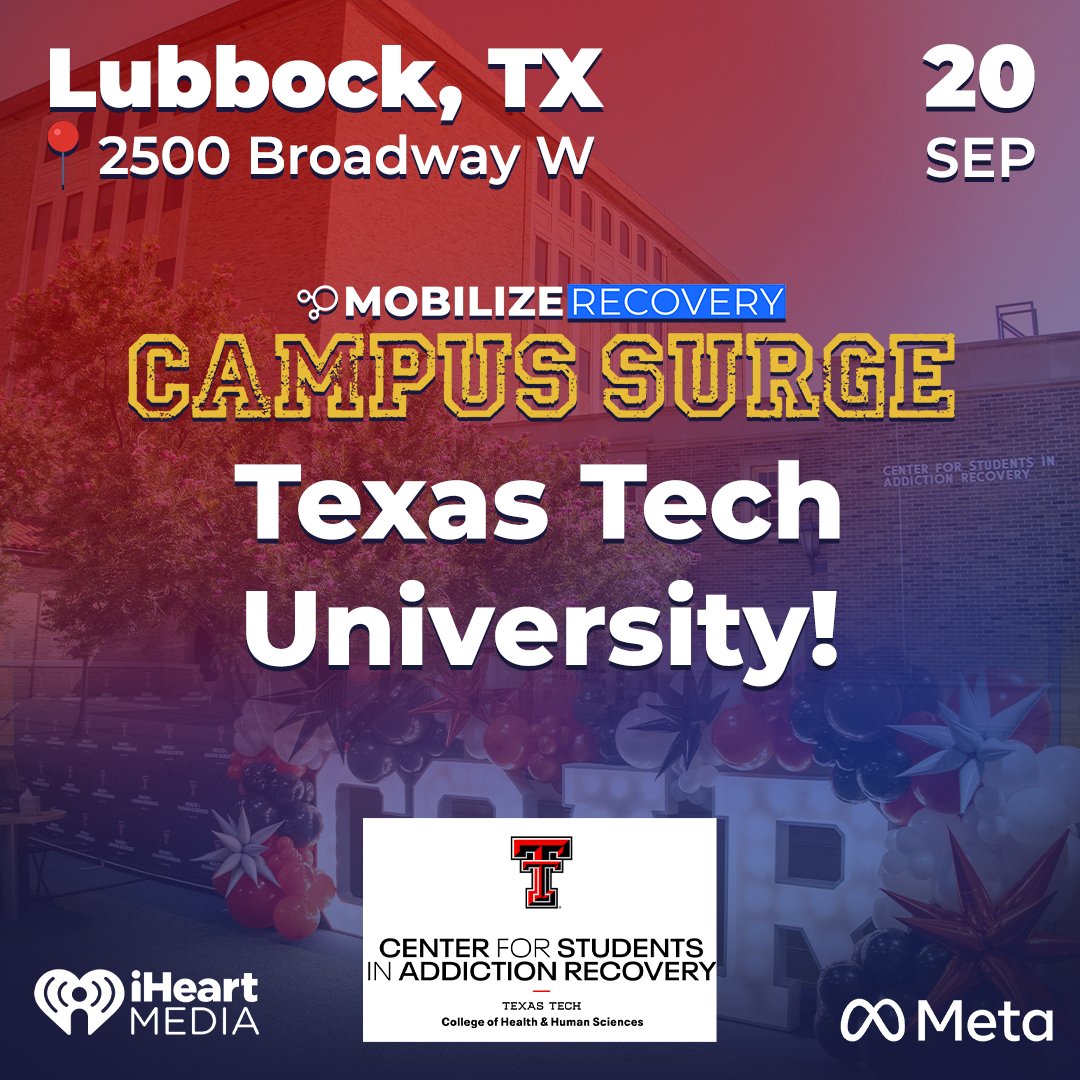 MobilizeRecover's tweet image. Texas Tech, we’re headed your way!
Mobilize Recovery is bringing the Campus Surge 2025 initiative to Texas Tech University on Saturday, September 20th! And, you’re invited!
Hosted in the courtyard at the Center for Students in Addiction Recovery, this event will combine…