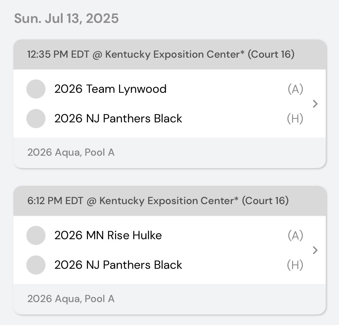 Time to eat, rest and get ready for <a href="/TFNsRun4Roses/">TFN's Run 4 Roses</a> Championships! Back on the court tomorrow, let’s go <a href="/nj_panthers/">NJ Panthers</a> !

Anyone have faves for food in Louisville?!

2026 NJ PANTHERS BLACK
Sunday, July 13 Schedule