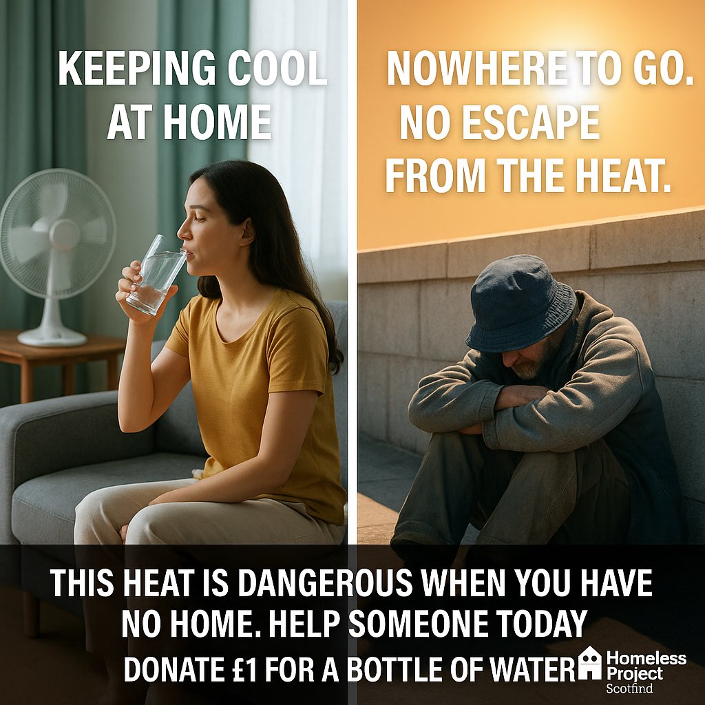 hp_scotland's tweet image. ☀️ While many of us are inside our homes right now, staying cool and shaded from the summer heat, there are homeless people across Glasgow and Scotland with no home, no shade, and no escape from the burning sun.
Rough sleepers are suffering in silence overheating, dehydrated,…