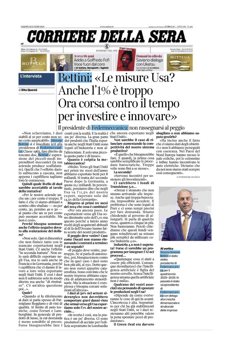 FEDERMECCANICA (@federmeccanica) on Twitter photo 🗞️ «Le misure Usa? Anche 1'l% è troppo. Ora corsa contro il tempo per investire e innovare».
✍ Il neo Presidente di Federmeccanica <a href="/Simone1bettini/">SilvanoSimoneBettini</a> intervistato da <a href="/rquerze/">rita querzè</a> per il <a href="/Corriere/">Corriere della Sera</a> a margine della nostra Assemblea Generale ieri a Torino presso il <a href="/ccuitorino/">Centro Congressi Unione Industriali Torino</a>
🗣️ «Il 🗞️ «Le misure Usa? Anche 1'l% è troppo. Ora corsa contro il tempo per investire e innovare».
✍ Il neo Presidente di Federmeccanica <a href="/Simone1bettini/">SilvanoSimoneBettini</a> intervistato da <a href="/rquerze/">rita querzè</a> per il <a href="/Corriere/">Corriere della Sera</a> a margine della nostra Assemblea Generale ieri a Torino presso il <a href="/ccuitorino/">Centro Congressi Unione Industriali Torino</a>
🗣️ «Il