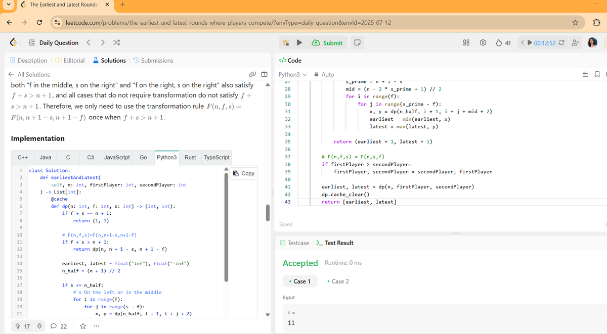 sapkota88759's tweet image. #LSPPDay42
Today I solved a tricky LeetCode problem: The Earliest and Latest Rounds Where Players Compete! 🧠💡
Loving the journey of optimizing and understanding recursive logic with memoization! @lftechnology #LearningWithLeapforg #60DaysOfLearning2025