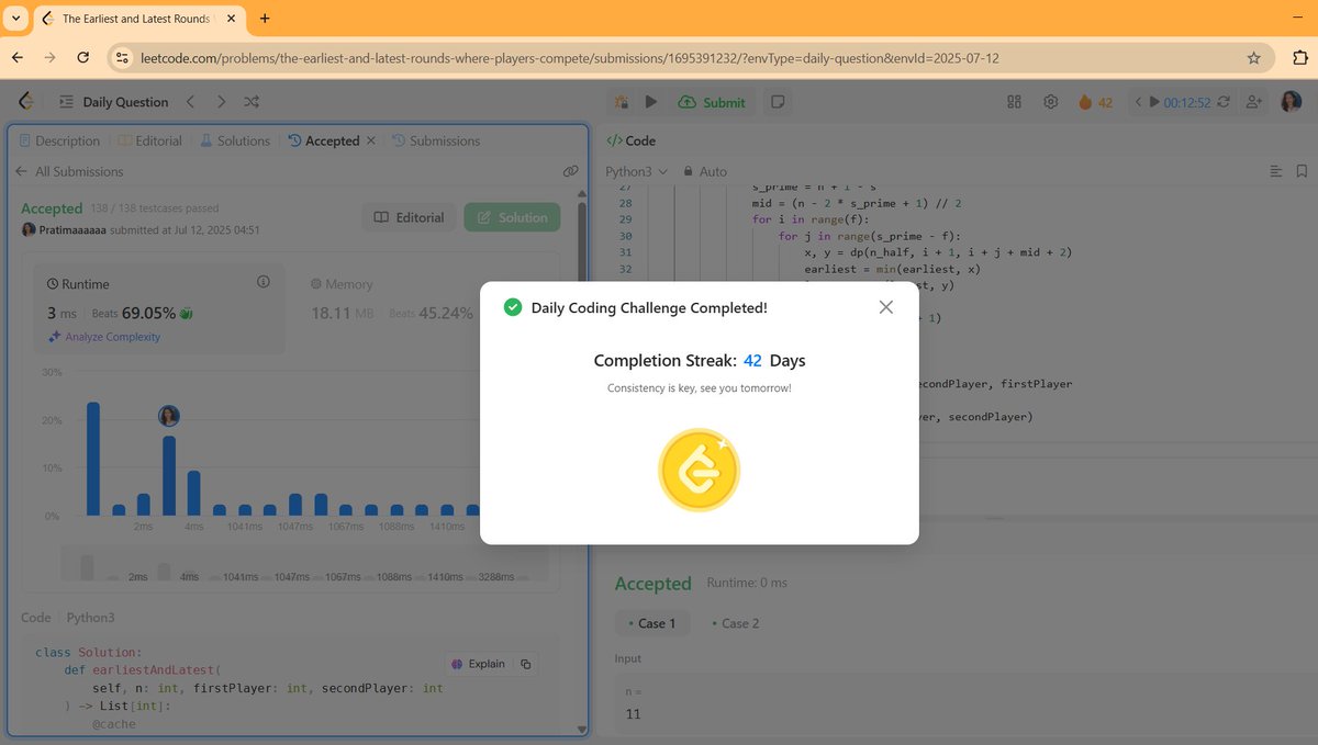 sapkota88759's tweet image. #LSPPDay42
Today I solved a tricky LeetCode problem: The Earliest and Latest Rounds Where Players Compete! 🧠💡
Loving the journey of optimizing and understanding recursive logic with memoization! @lftechnology #LearningWithLeapforg #60DaysOfLearning2025