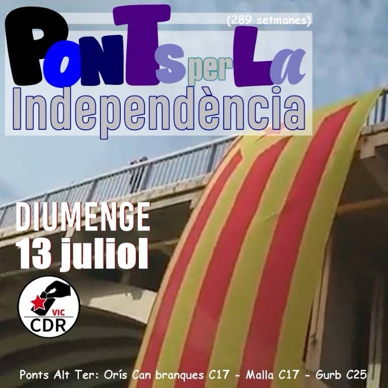 🔴 289.✊Seguim una setmana més. #PONTSperLaINDEPENDÈNCIA

PERSISTIM i PERSEVEREM en la lluita per la LLIBERTAT de CATALUNYA.
Fem visible que no normalitzem l'ocupació i que seguim lluitant per la #independència!
#FinsAlFinal

Ponts de:
📍#ORÍS: C17
📍#GURB: C25
📍#VIC: C17