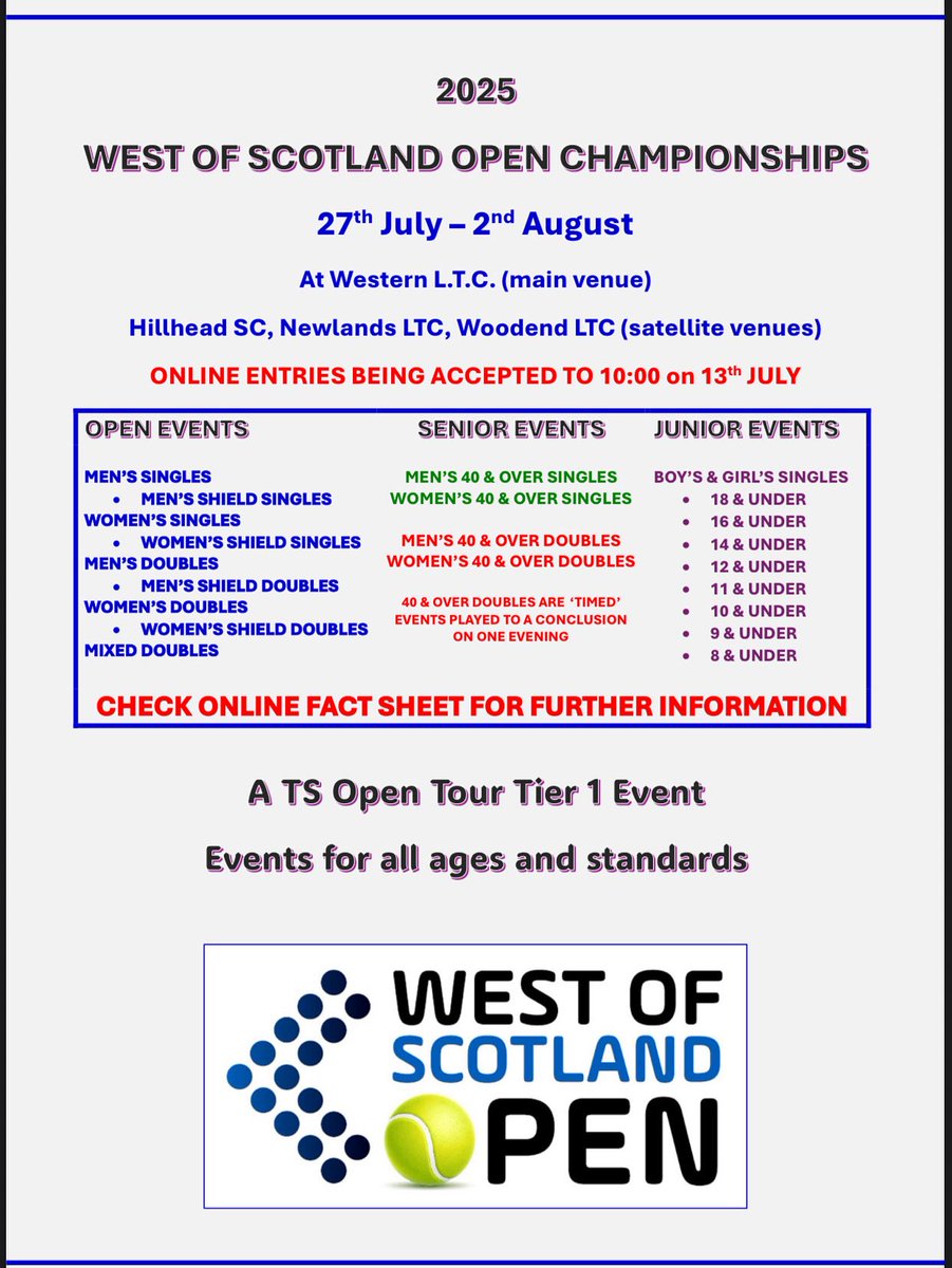 Entries for West of Scotland Open close tomorrow morning 13/07/2025 at 10am

See link for full details 

competitions.lta.org.uk/tournament/0C5…