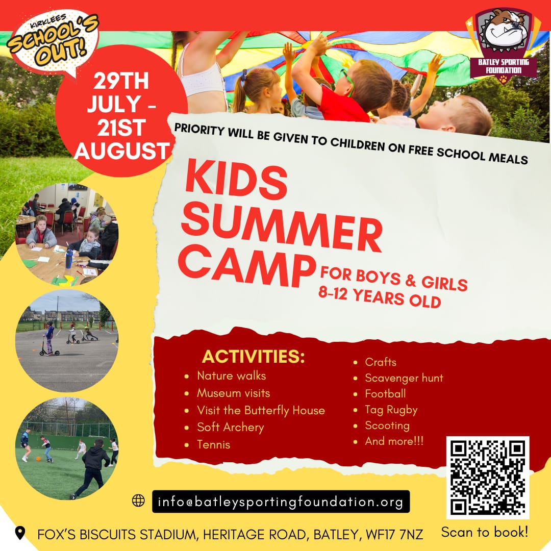 𝙃𝙤𝙡𝙞𝙙𝙖𝙮 𝘾𝙖𝙢𝙥 ☀️

Our Summer SCHOOLS OUT Holiday camp is back! Here are the details for the camp:

Priority will be given to children on Free School Meals. 

🔗 Please click the link below to book:
batleysportingfoundation.org/summer-camp

#Batley #HolidayCamp #Birstall #Dewsbury