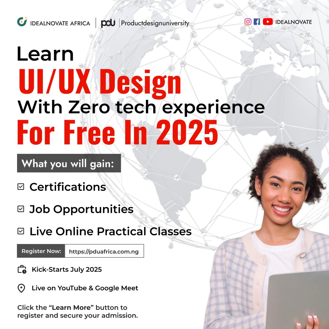 ModestaNwachuk4's tweet image. If you are interested in learning UI/UX design for FREE as a total beginner and earn.
✅ Join the PDU Africa UI/UX Live Practical Scholarship Training to become a UI/UX designer for FREE. 
Register using the link: 
pduafrica.com/registerc8
#uiux
#pduafrica
#pdubootcamp