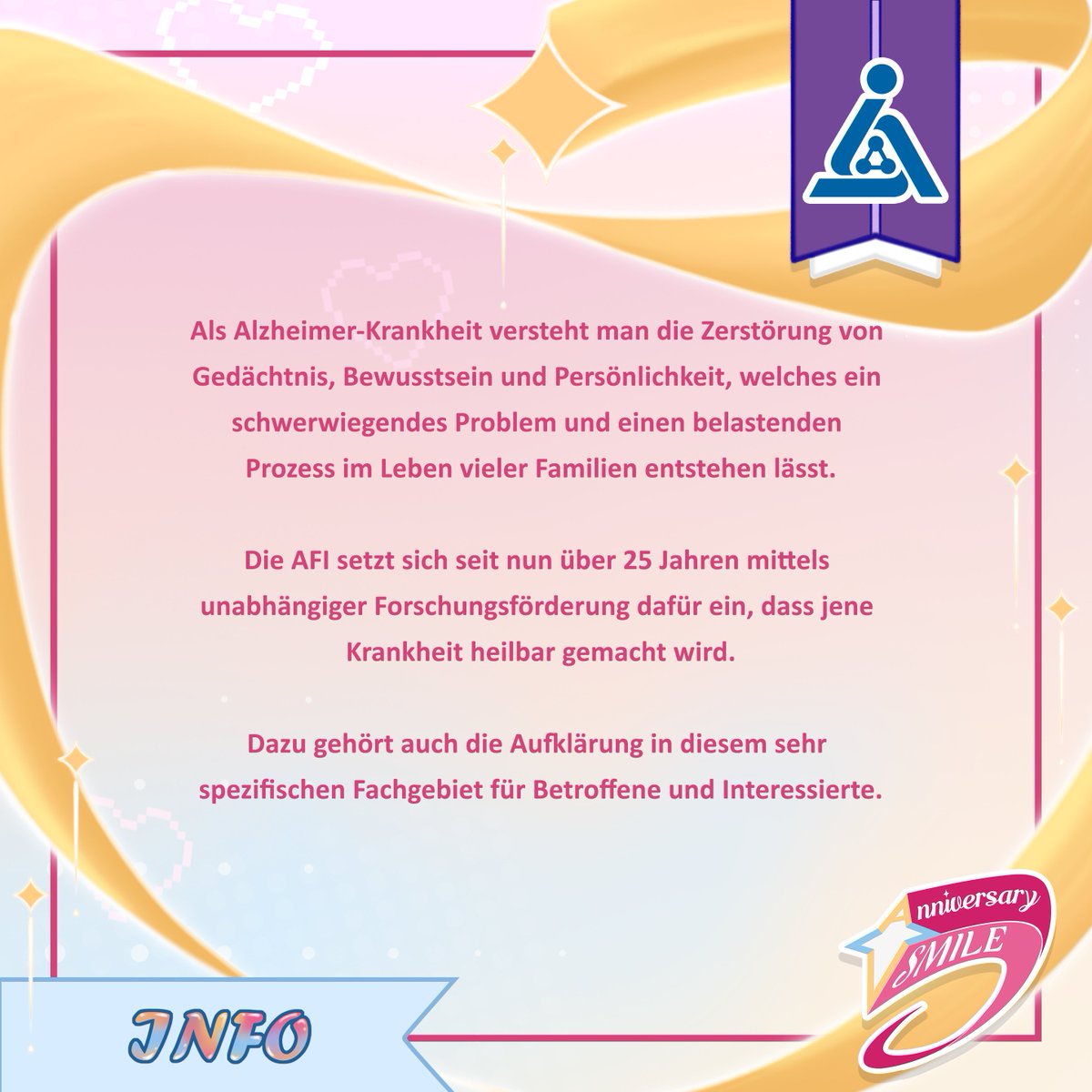 vSmileOfficial's tweet image. ๐๐๐๐๐ ๐
ร๐ ๐
๐๐๐๐๐!๐
Um euch auf das kommende Event vorzubereiten wird es in regelmรครigen Abstรคnden ab sofort wichtige Informationen รผber die Alzheimer Krankheit als auch der AFI selber geben!
Demnach fangen wir mit der genaueren Beschreibung dieser beiden an!๐