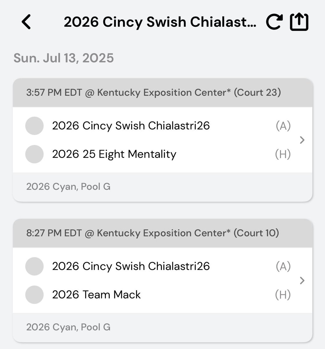 Cincy Swish Chialastri26 schedule for the <a href="/TFNsRun4Roses/">TFN's Run 4 Roses</a> Championships in Louisville starting on Sunday, July 13. #RosesChampionships