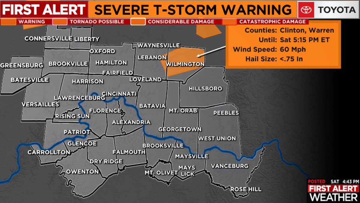 A *SEVERE T-STORM WARNING* has been issued for highlighted areas of the FOX19 NOW viewing area. SEEK SHELTER NOW IF YOU'RE IN THE HIGHLIGHTED AREA! For more information, please go to fox19.com/weather &amp; stay up to date on the First Alert Weather app! #cincywx #FirstAlert