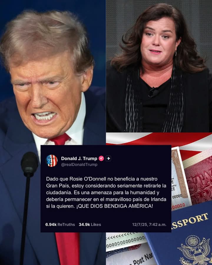 TACO Todopoderoso. Trump amenaza con quitarle la ciudadanía a Rosie O'Donnell, actriz y conductora estadounidense nacida en el Estado de Nueva York. 
Ningún presidente tiene el Poder Legal para quitarle la ciudadanía a un estadounidense (nacido y criado en el país).