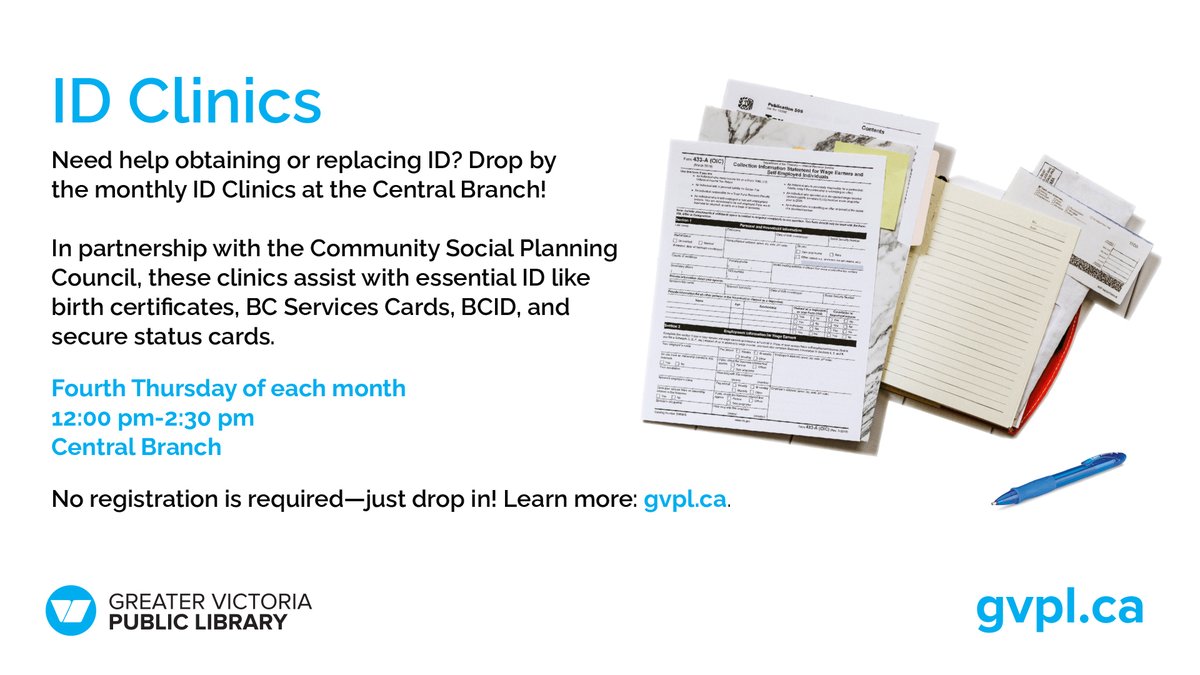 Do you or someone you know need help obtaining or replacing important ID? Come to the monthly ID Clinics at the Central Branch. Get assistance with:
🔵 Birth Certificates
🔵 BC Services Card &amp; BCID
🔵 Secure Status Cards (SCIS)

When: 4th Thursday of each month
Time: 12:00–2:30pm