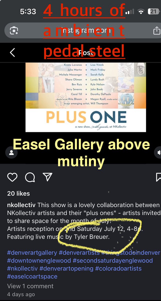 First solo gig at easel gallery in Englewood today - details in picture below