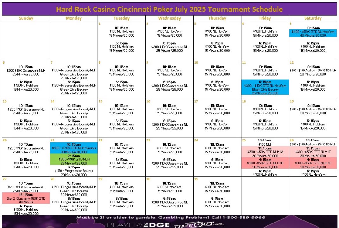 PokerCincinnati's tweet image. July and August Tournament Schedule.
7/5- $400 1st Saturday $50K GTD
7/11- $300 2nd Friday Bounty $10K
7/21- $300 Seniors (50+) $20K
7/25-7/27 $300 Quarterly $50K GTD
More details
tinyurl.com/4fwva2hf