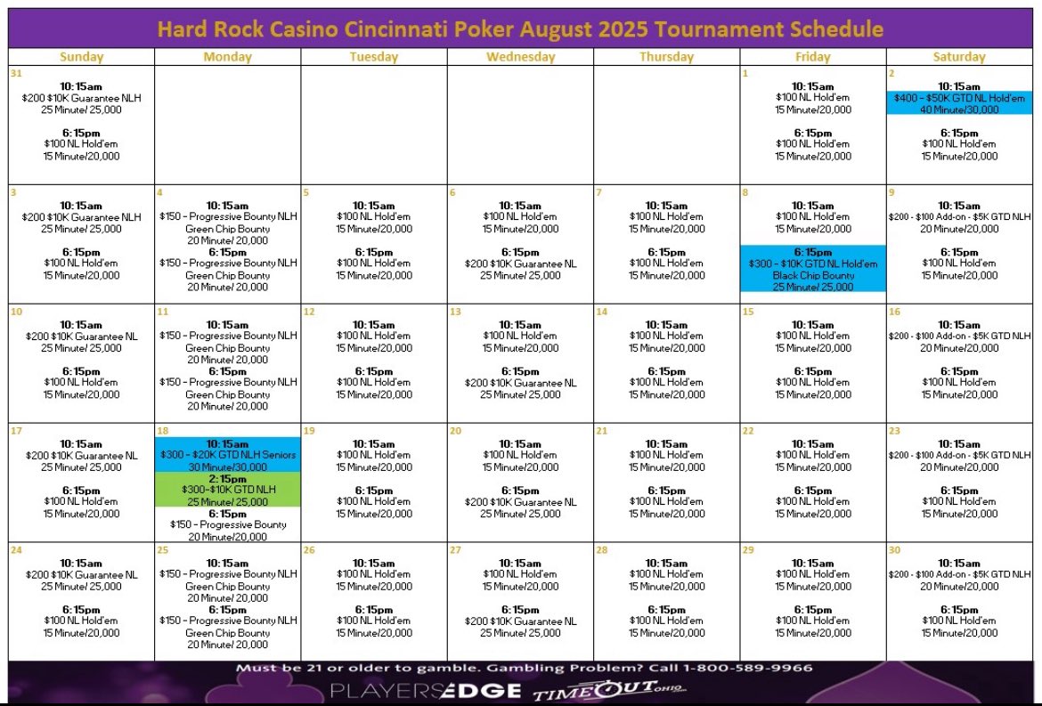 PokerCincinnati's tweet image. July and August Tournament Schedule.
7/5- $400 1st Saturday $50K GTD
7/11- $300 2nd Friday Bounty $10K
7/21- $300 Seniors (50+) $20K
7/25-7/27 $300 Quarterly $50K GTD
More details
tinyurl.com/4fwva2hf