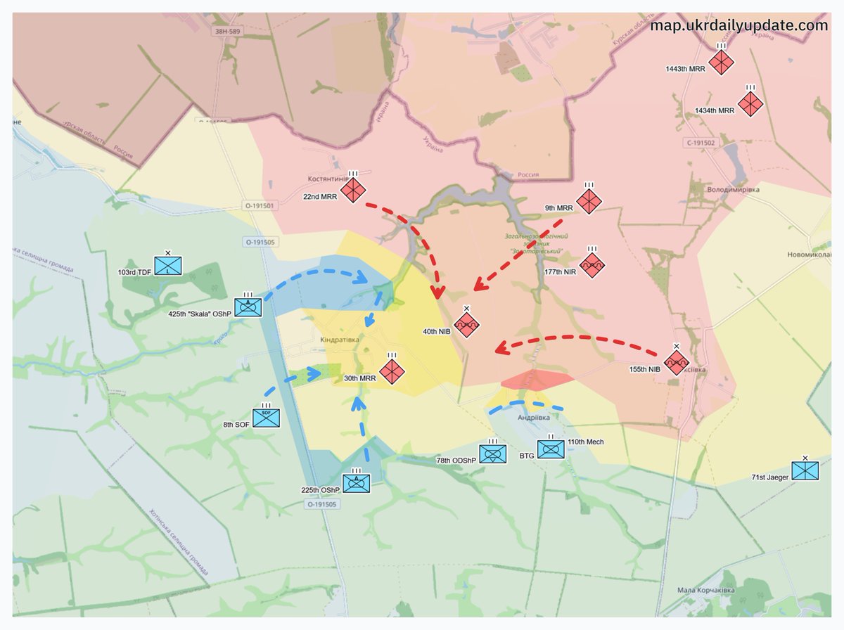 425th "Skala" Regiment likely liberated Kindrativka, Sumy. 
According to RU-Radov, the Russian 30th Regiment and 40th Marines left the operational encirclement as the 22nd &amp; 9th Regiment and 155th Marines were unable to unblock it. Heavy fighting continues
x.com/WarUnitObserve…