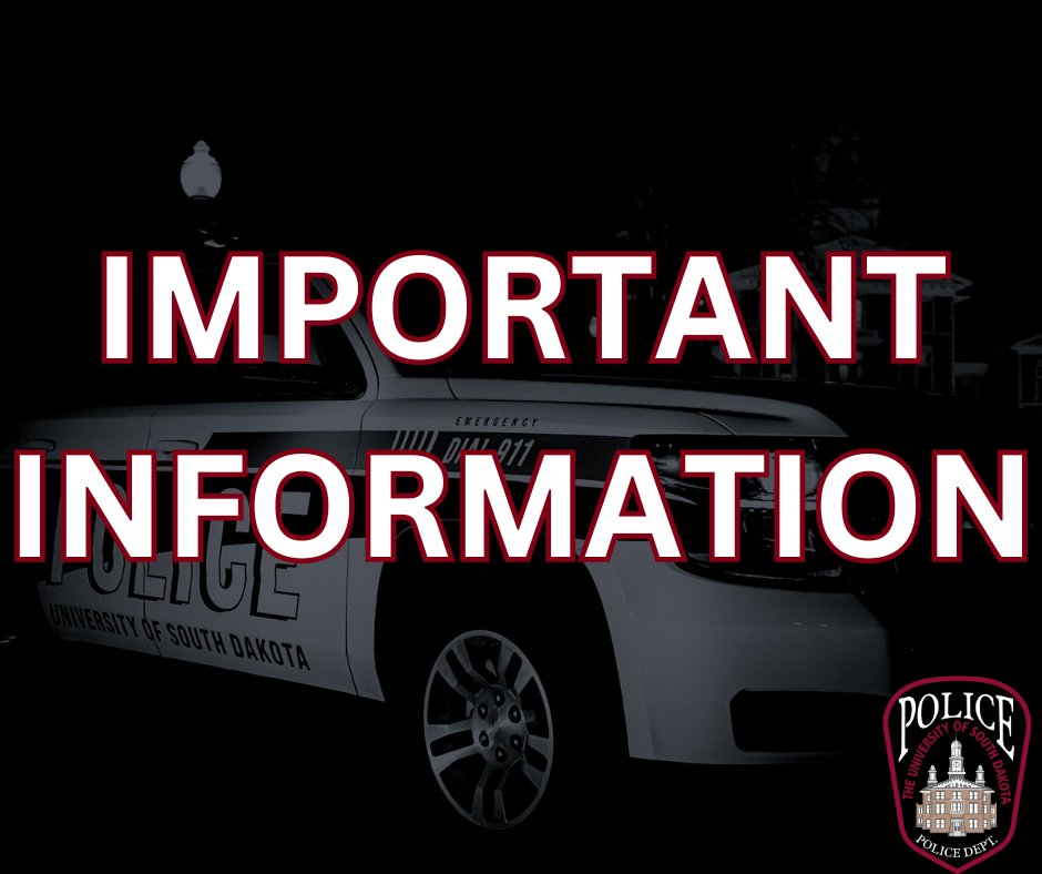 ⚠️ Power is out at the Davidson Building (home of USD Police) today, July 12, due to building improvements, until further notice. UPD is available at the Service Center main entrance, 605-658-6199, or universitypolice@usd.edu. Officers remain on patrol. For emergencies, call 911.