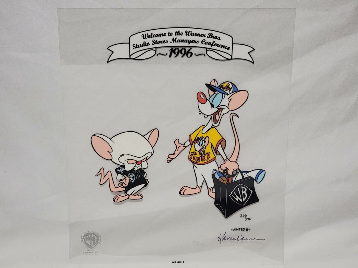 poitcast's tweet image. A limited edition Pinky and The Brain cel made for the Warner Bros. Studio Stores Management Conference in 1996.
