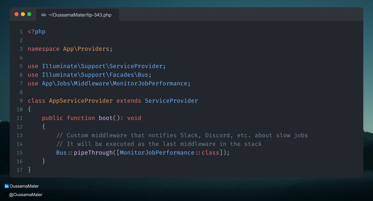 Laravel Tip 💡: Global Middleware for Jobs

Did you know you can apply global job middleware? It can be really useful for custom logging and monitoring, like instantly notifying Slack or Discord about slower-than-usual jobs 🚀

#laravel