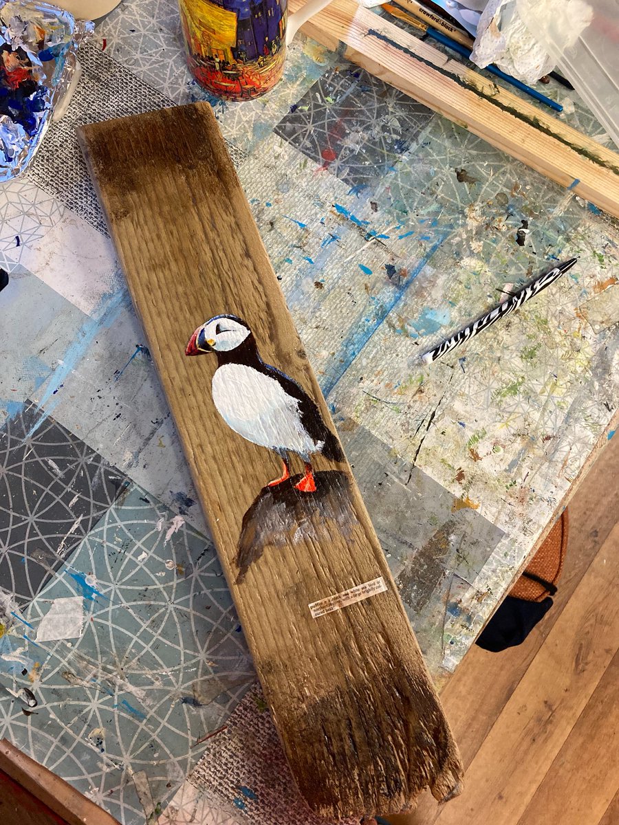 MacleanArtist's tweet image. Puffin on driftwood in acrylics approx 4x18 inches #puffin #bird #paintings #driftwood #recycle #reuse #repurpose
