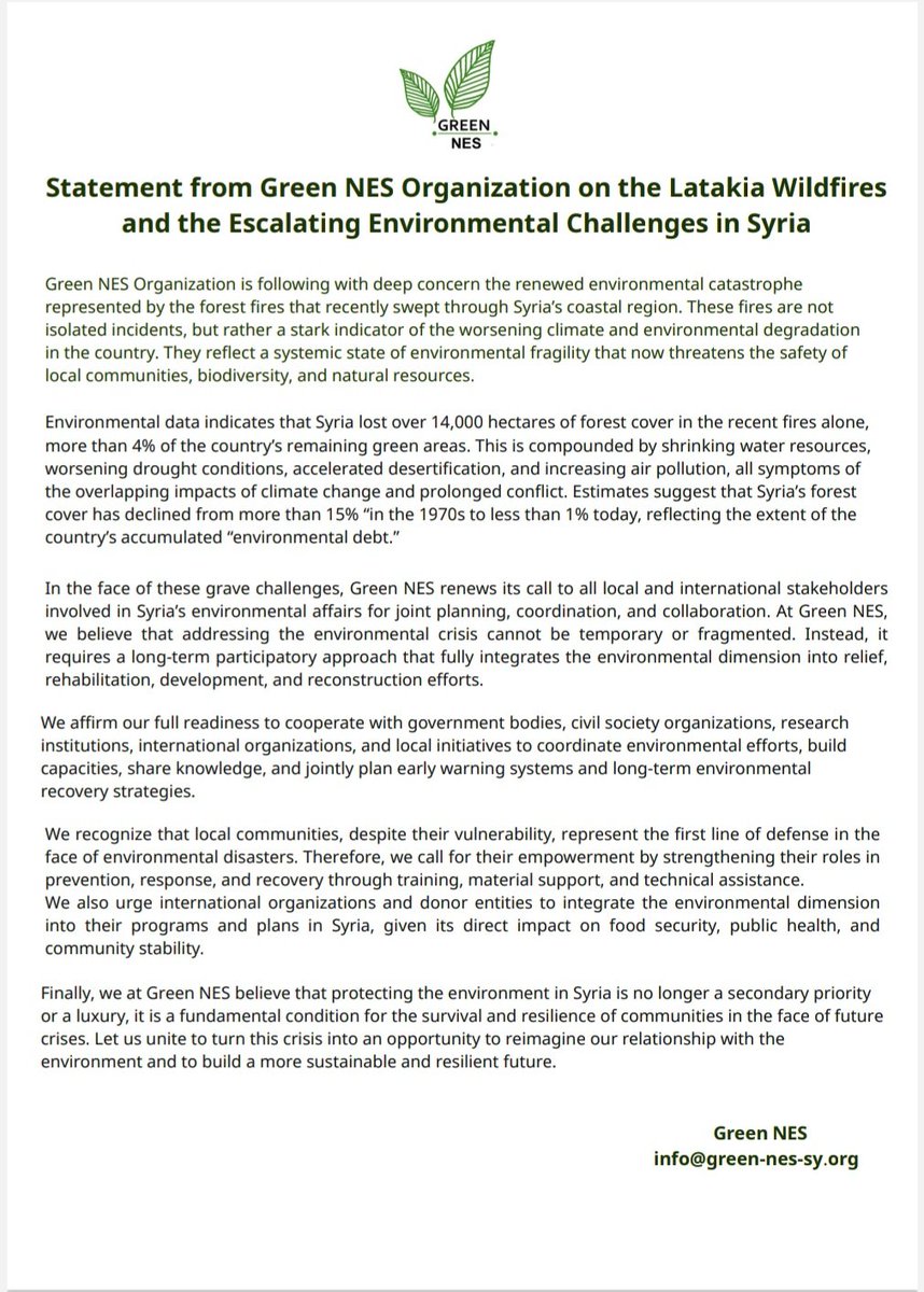 Statement from Green NES Organization on the Latakia Wildfires
and the Escalating Environmental Challenges in Syria
Green NES organization
