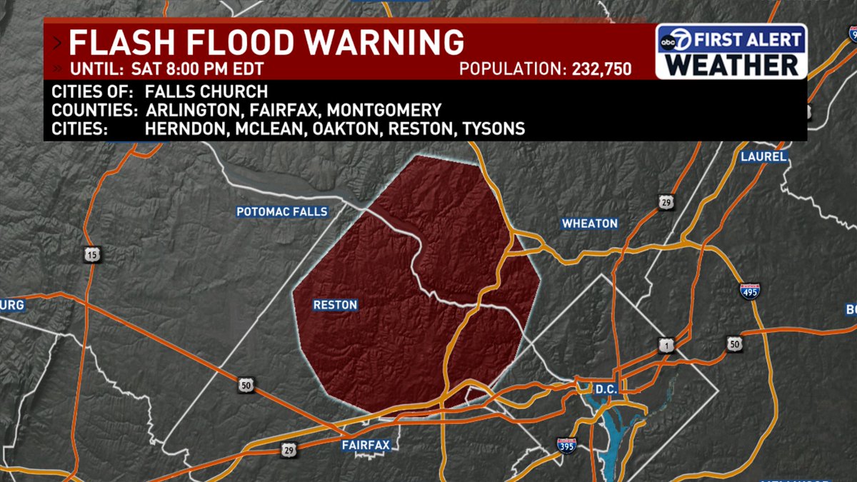 jordanevanswx's tweet image. Flash Flood Warning for parts of Fairfax and Montgomery counties until 8 p.m. due to 1 to 3 inches of rainfall in a short amount of time. Avoid flooded roads. @7NewsDC