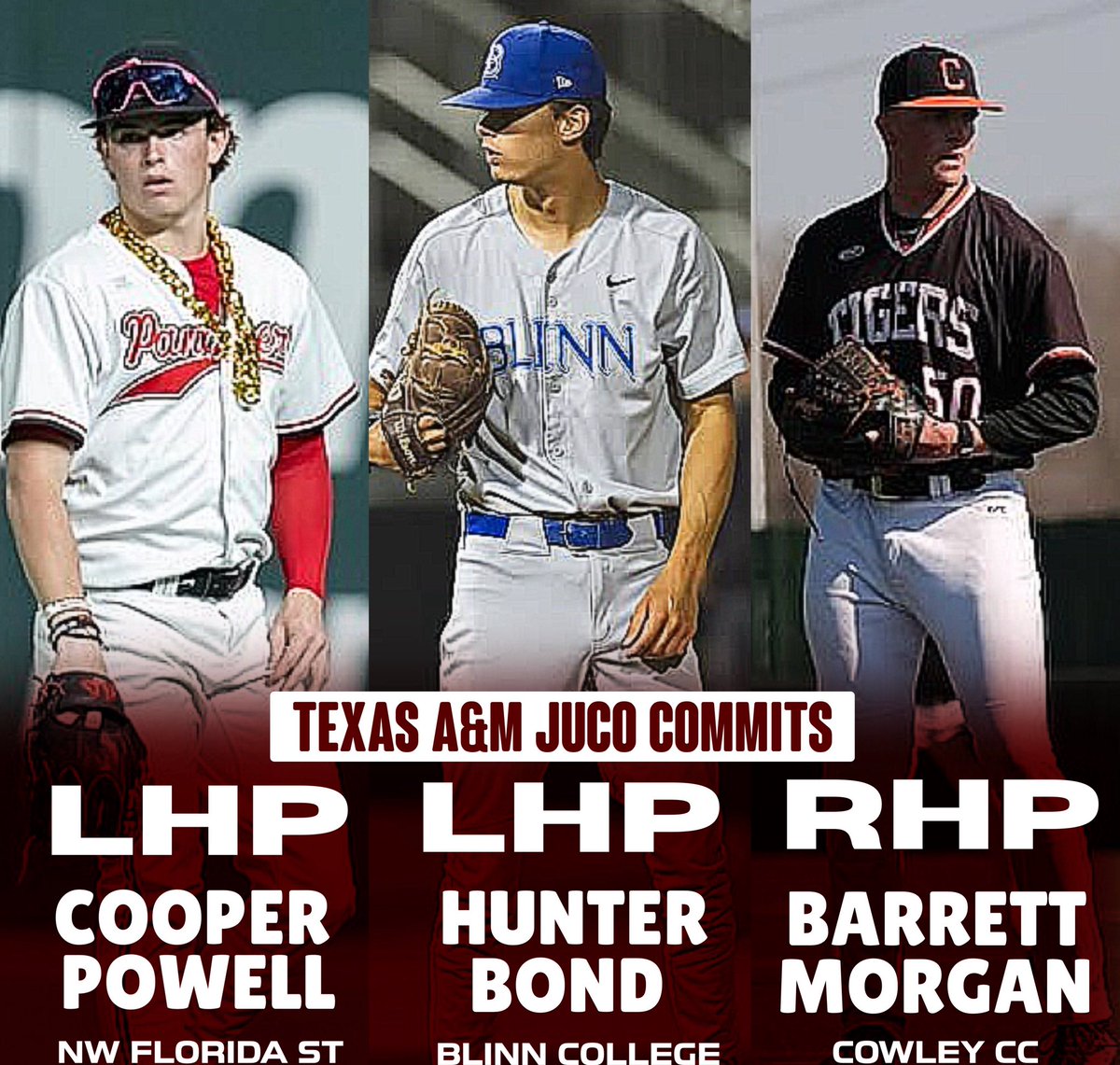 The Aggies also picked up three talented pitchers coming out of JUCO in the portal 👍

-LHP:Cooper Powell- 40.1 IP , 4.91 ERA , 52 SO, 1.46 WHIP

-LHP: Hunter Bond - 27.2 IP, 2.28 ERA, 51 SO, 1.08 WHIP

-RHP: Barrett Morgan- 21.1 IP, 0.42 ERA, 40 SO, 0.75 WHIP