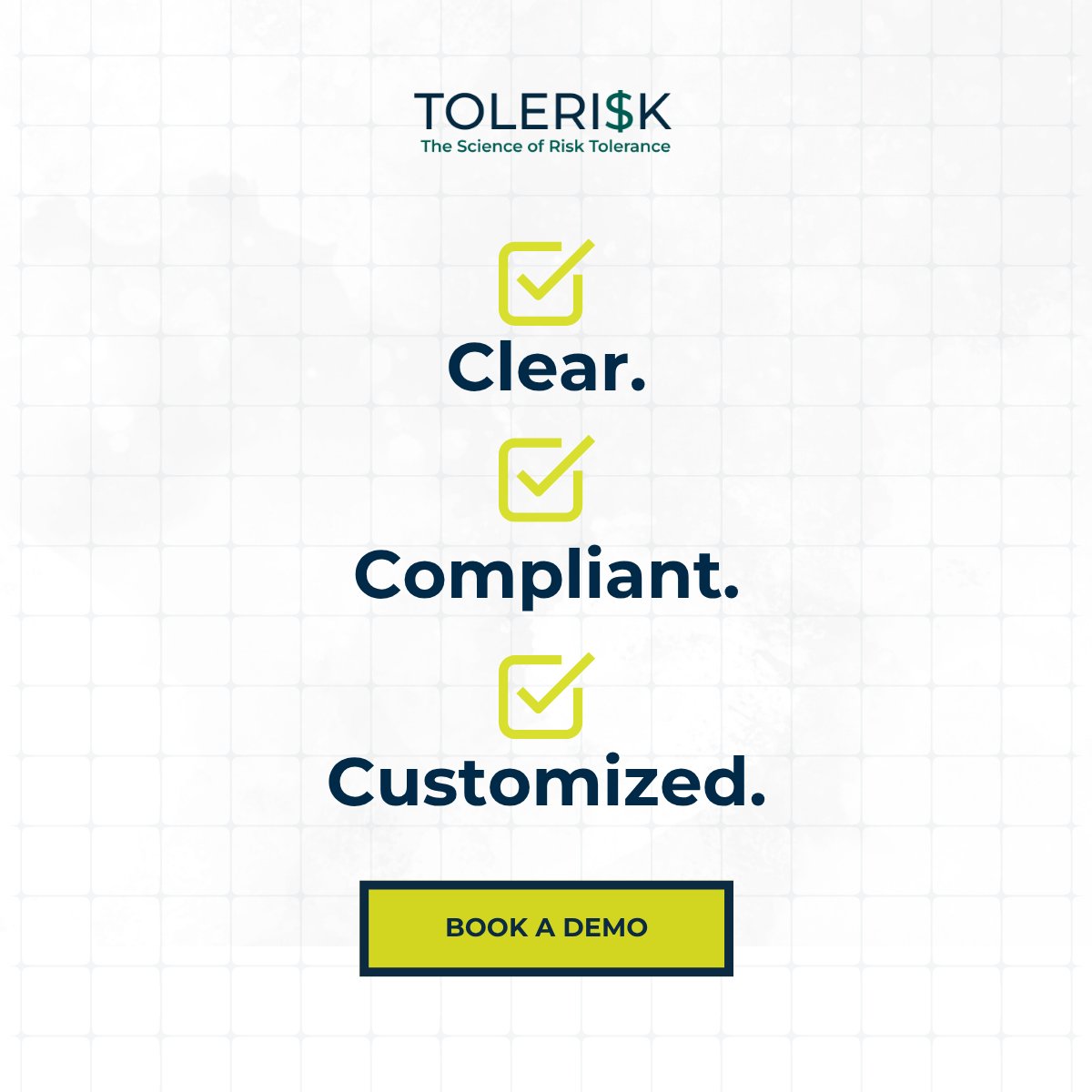 Tolerisk's tweet image. Ready to upgrade your risk conversations?

Tolerisk equips advisors with a visual, data-driven experience your clients can trust.

✔️ Clear. ✔️ Compliant. ✔️ Customized.
Book your demo: tolerisk.com/contact-us/   

#AdvisorTools #RiskProfiling #Tolerisk