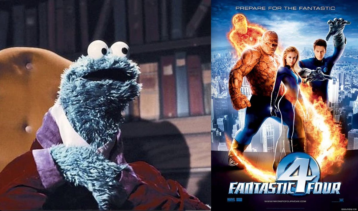 f_CookieMonster's tweet image. Cookie Monster movie review: The Fantastic Four (2005)
Okay, yes, dis be garbage movie but viewer have to keep in mind dat it made in 1994 by schlock producer Roger Corman for miniscule budget and film never meant to be released…Wait. What? Dis NOT de Roger Corman crapfest…