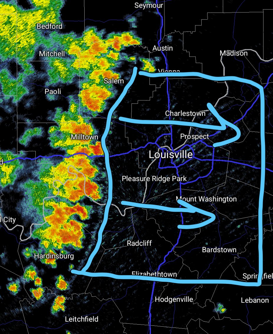 A Cluster of Strong Storms is approaching Louisville. These storms can be capable of producing 30-50mph Winds. #kywx