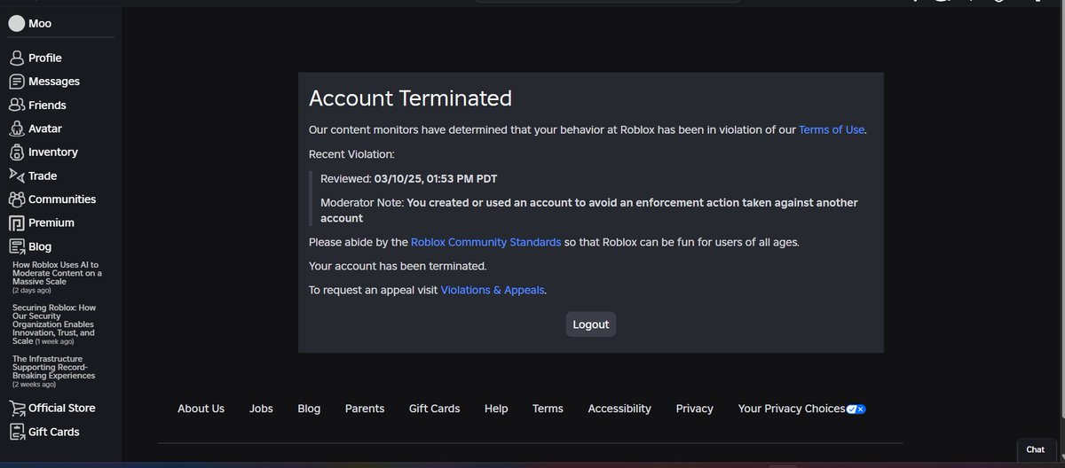 bruh what the hell <a href="/Roblox/">Roblox</a> my account got terminated because someone got into my alts a few months ago I was able to get the alt back but support never unbanned the alt Now my main account got hit. Im assuming its because its on the same email :/
<a href="/SharkBloxYT/">SharkBlox🦈</a>