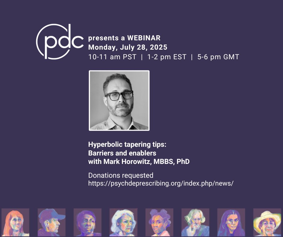 PsychotropicDC's tweet image. Presenting a WEBINAR:
Hyperbolic tapering tips: Barriers and enablers
with Mark Horowitz, MBBS, PhD
lead author of the 2024 Maudsley Deprescribing Guidelines
Monday, July 28, 2025
10-11 am PST | 1-2 p.m EST | 5-6 pm GMT
RSVP today! Donation requested.
psychdeprescribing.org/index.php/2025…