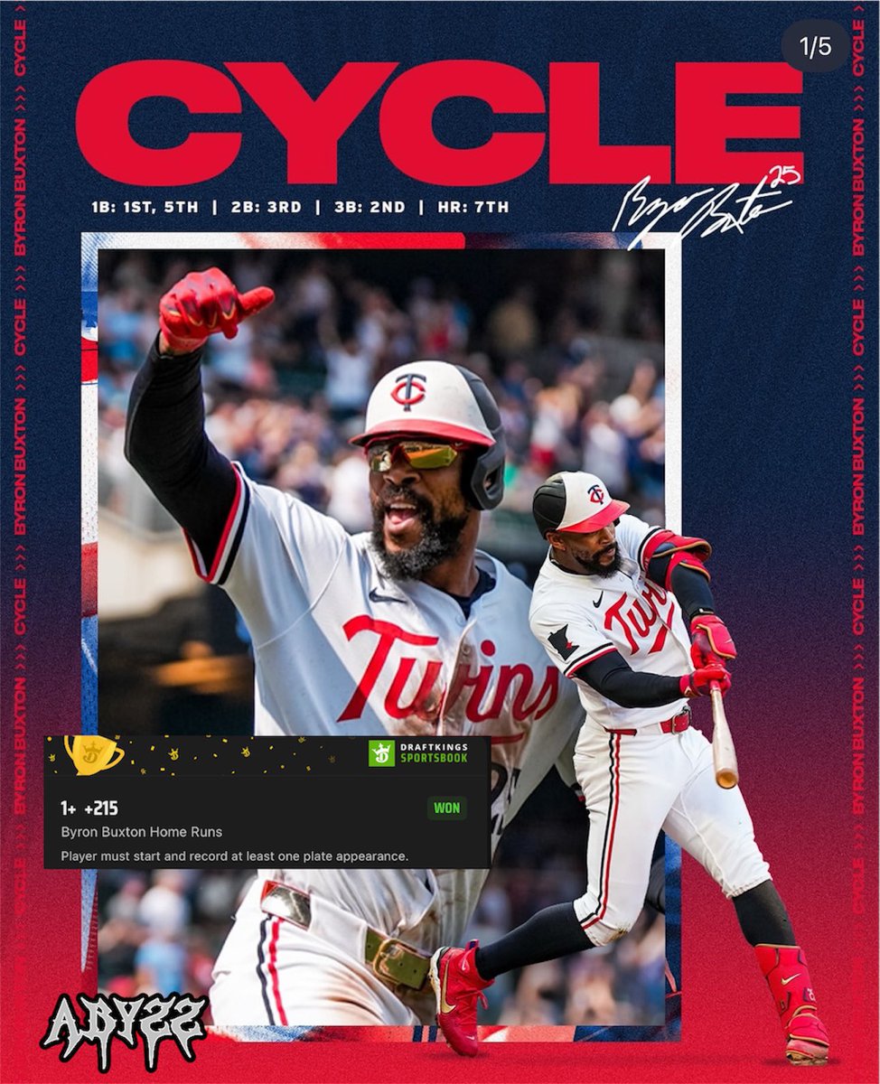 millzpicks's tweet image. ON HIS BOBBLEHEAD DAY?! 😭
Byron Buxton hits for the CYCLE and cashes the +215 HR prop 💣💰
Masterclass on his own tribute day 👏
#MLB #ByronBuxton #Cycle #BobbleheadMagic #SportsBetting #GreenRoomPlays