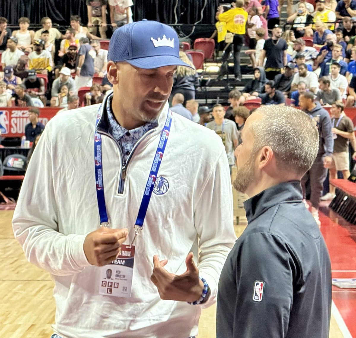 BenGolliver's tweet image. Mavericks GM Nico Harrison taking in Cooper Flagg at Las Vegas Summer League