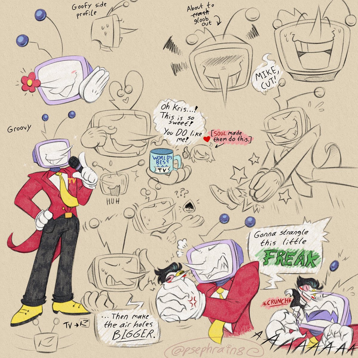 PsephRain8's tweet image. Another page of #Deltarune warm-ups (alright, well, mostly Tenna)!
Started off as an excuse to try and practice drawing hands and to try out new pencil brushes, but I had so much fun drawing him that I just filled the whole page, lol.
#fanart #tenna
