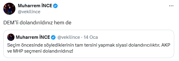 Muharrem İnce'nin tweeti.