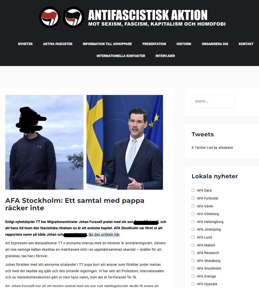vansterkollen's tweet image. AFA-ledare hängde ut migrationsministerns son
Terrorgruppen Antifascistisk Aktion (AFA) driver Sveriges största anonyma uthängningssajt. Där publiceras namn, bild, personnummer och adress på de som vänstern betraktar som 'fiender till den kommunistiska revolutionen'.…