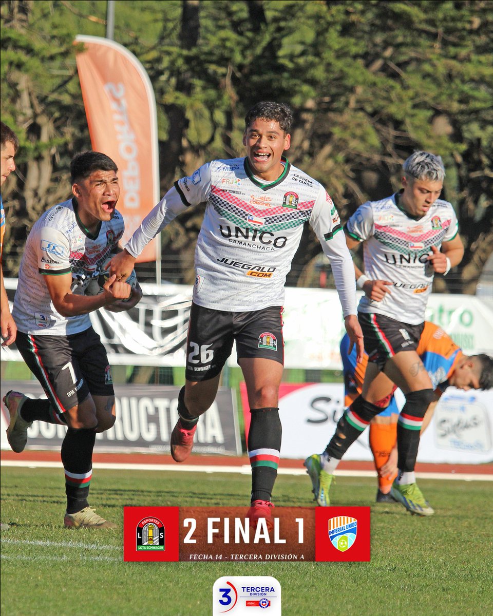 LotaSchwager_cl's tweet photo. Final del partido 🔴 ⚫ 🟢
Fecha 14 - Campeonato Tercera División A 2025 🏆
Lota Schwager 2 - 1 Imperial Unido
28' Sebastián Ballesteros ⚽
56' Juan Pablo Luco ⚽
¡A seguir adelante 💪!
#VamosLota https://t.co/CquWWRKssB
