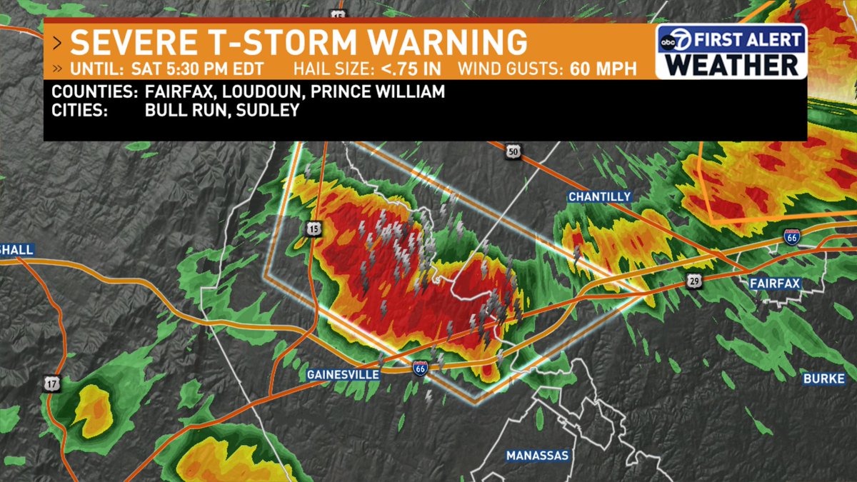 jordanevanswx's tweet image. 60 mph downburst gusts possible in the storm nearly stationary over Prince William County. Severe T-Storm Warning continues until 5:30 p.m. @7NewsDC #vawx