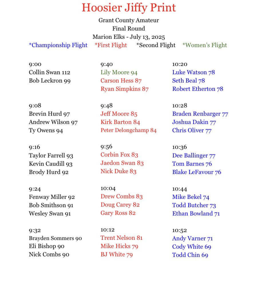 arbortrace's tweet photo. Tomorrow’s pairings for the final round of the 2025 Hoosier Jiffy Print Grant County Amateur played at the Marion Elks! https://t.co/VlFcNbDlDv