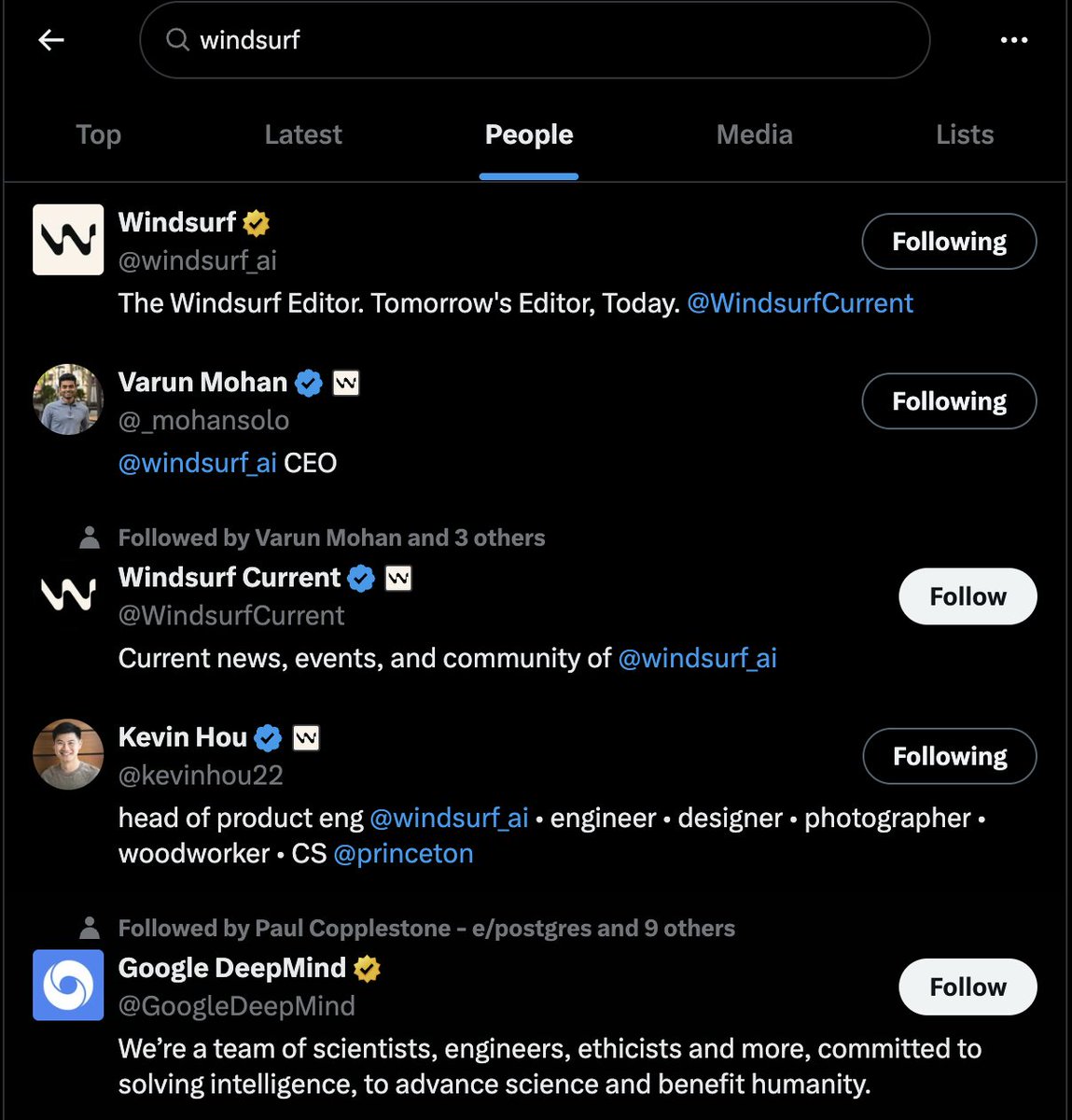gabedev_'s tweet image. If you search windsurf on X, Google DeepMind is listed in the top five results